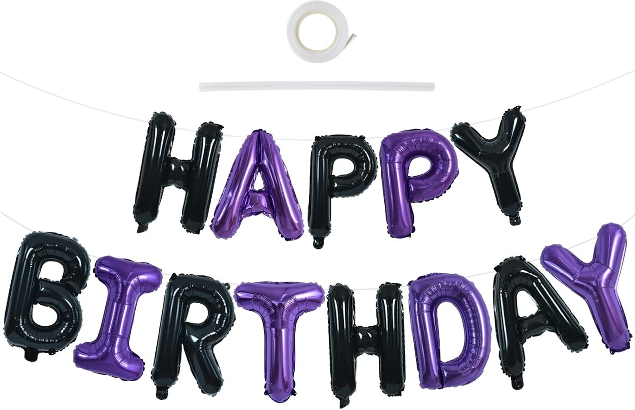 Happy Birthday Foil Balloon Banner – 16" Mylar Letter Balloons, Reusable Birthday Sign for Kids, Adults & Halloween Party Decorations (Black & Purple)